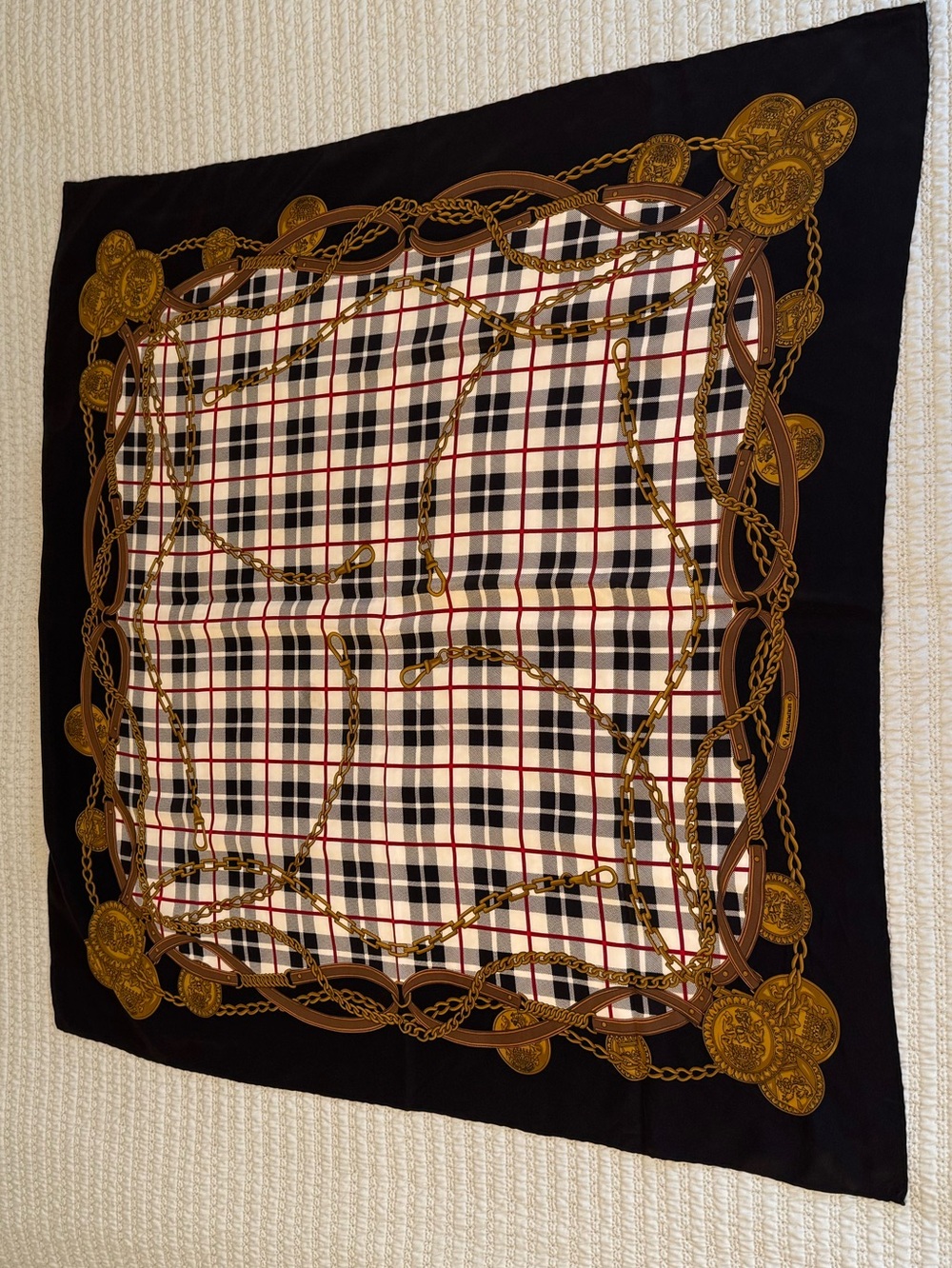 Vintage Aquascutum Silk Scarf Belt Buckle Chain Print Plaid Black Gold 34” X 34”